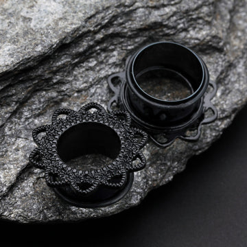 Detail View 1 of A Pair of Blackline Verdant Filigree Single Flared Ear Gauge Tunnel Plug-Black